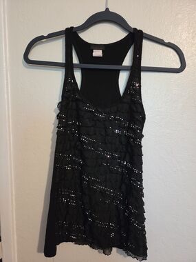 Black Sequin Ruffle Racerback Tank Top by Candy Rain